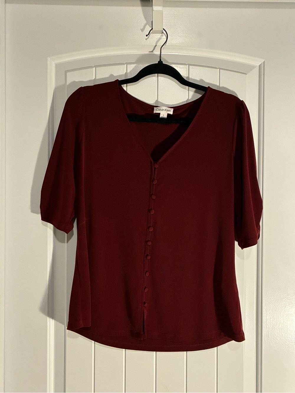Calvin Klein Deep Burgundy V-Neck Button Front Blouse